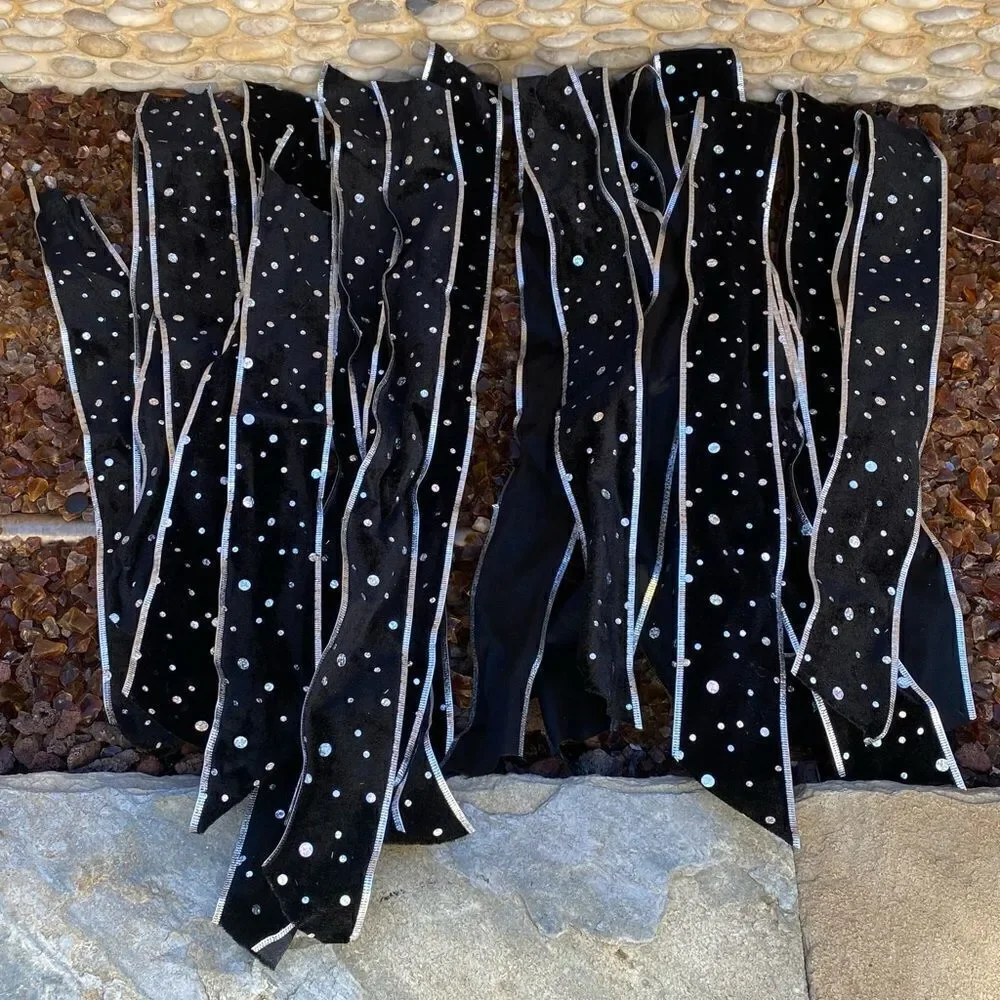 New Black Velvet Silver Sequin Pre-Cut Wire Ribbon. Various Sizes 22 pieces.